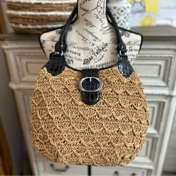 Brighton Shelly Shoulder Handbag Natural Material with Patterned Inside - Picture 1 of 11